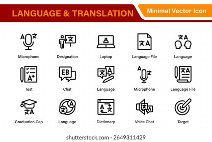 Web-Symbol für Sprache und Übersetzung im Linienstil. Sprachübersetzung, Linguistik, Sprechen, Wörterbuch, Hörfertigkeiten, Schreiben, Übersetzen, Sammlung.