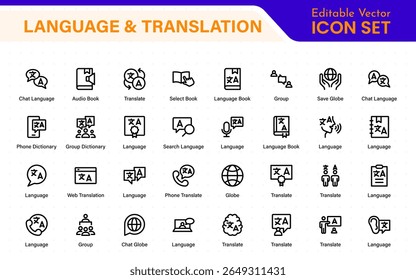 Web-Symbol für Sprache und Übersetzung im Linienstil. Sprachübersetzung, Linguistik, Sprechen, Wörterbuch, Hörfertigkeiten, Schreiben, Übersetzen, Sammlung.
