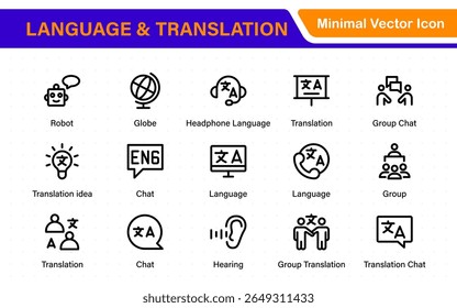 Language and translation web icon set in line style. Language translation, linguistics, speaking, dictionary, listening skills, writing, translate, collection.