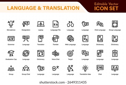 Language and translation web icon set in line style. Language translation, linguistics, speaking, dictionary, listening skills, writing, translate, collection.