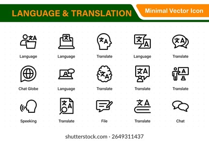 Language and translation web icon set in line style. Language translation, linguistics, speaking, dictionary, listening skills, writing, translate, collection.