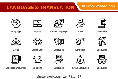 Language and translation web icon set in line style. Language translation, linguistics, speaking, dictionary, listening skills, writing, translate, collection.