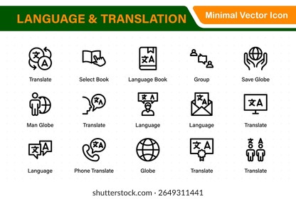 Language and translation web icon set in line style. Language translation, linguistics, speaking, dictionary, listening skills, writing, translate, collection.
