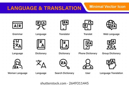 Language and translation web icon set in line style. Language translation, linguistics, speaking, dictionary, listening skills, writing, translate, collection.