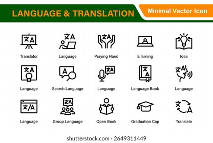 Language and translation web icon set in line style. Language translation, linguistics, speaking, dictionary, listening skills, writing, translate, collection.