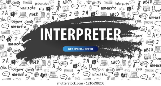 Language Translator banner with hand-draw doodle on the background. Concept of translating agency and interpreting