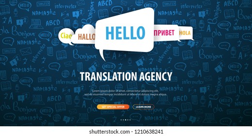 Language Translator banner with hand-draw doodle on the background. Concept of translating agency and interpreting