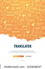 Language Translator banner with hand-draw doodle on the background. Concept of translating agency and interpreting