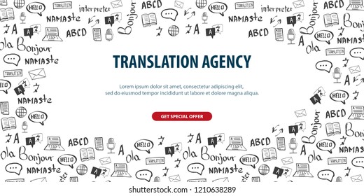 Banner de Traductor de Idiomas con doodle de fondo. Concepto de agencia de traducción e interpretación