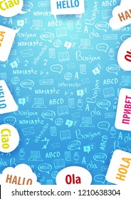 Language Translator banner with hand-draw doodle on the background. Concept of translating agency and interpreting
