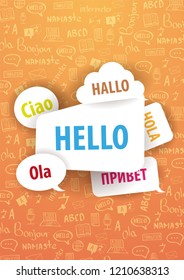 Language Translator banner with hand-draw doodle on the background. Concept of translating agency and interpreting