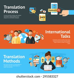 Language translator horizontal banner set with translation methods and process elements isolated vector illustration