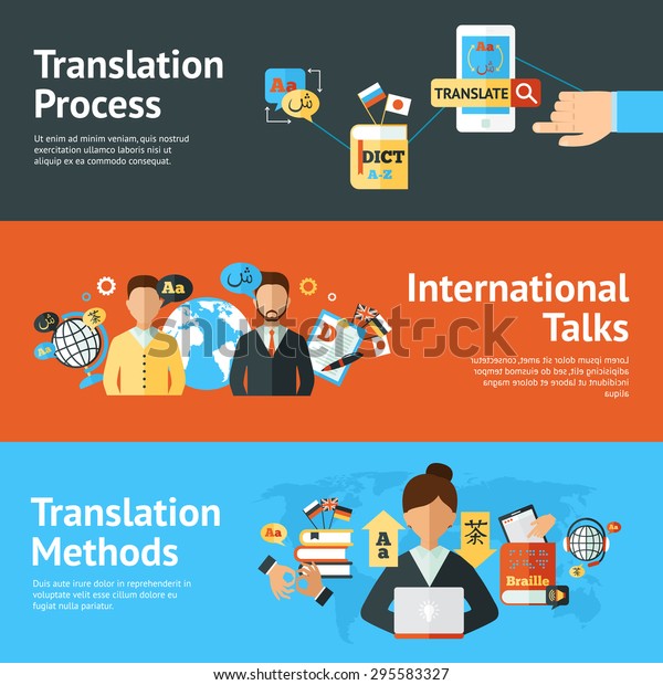 Language\
translator horizontal banner set with translation methods and\
process elements isolated vector\
illustration