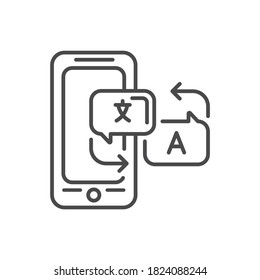 Language translator mobile application in smartphone black line icon. Pictogram for web page, mobile app, promo. UI UX GUI design element. Editable stroke