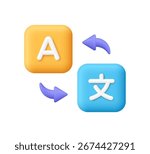 Language translator symbol on square buttons with rounded arrows. Translate app, foreign Languages, online dictionary and online learning concept. 3d vector icon. Cartoon minimal style.