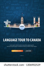 Language trip, tour, travel to Canada. Learning Languages. Vector illustration with hand-draw doodle elements on the background