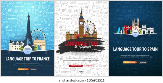 Language trip, tour, travel to England, France, Spain. Learning Languages. Vector illustration with hand-draw doodle elements on the background