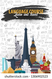Language trip, tour, travel. Learning Languages. Vector illustration with hand-draw doodle elements on the background