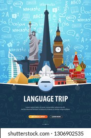Language trip, tour, travel. Learning Languages. Vector illustration with hand-draw doodle elements on the background