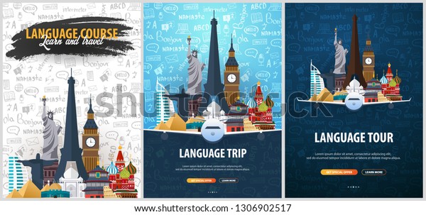 Language\
trip, tour, travel. Learning Languages. Vector illustration with\
hand-draw doodle elements on the\
background