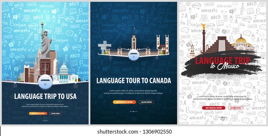 Language trip, tour, travel to USA, Canada, Mexico. Learning Languages. Vector illustration with hand-draw doodle elements on the background