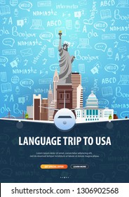 Language trip, tour, travel to USA. Learning Languages. Vector illustration with hand-draw doodle elements on the background