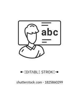 Icono de línea del tutor de idioma. Educación con un profesor, mentor, entrenador. Personal escolar. Métodos de aprendizaje de idiomas extranjeros y concepto de educación de traducción.Ilustración vectorial aislada.Accidente cerebral editable