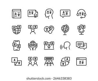 Language Vector Icon Set | Adjustable Line Weight | Interpreter, multilingual, dictionary, speech, communication, global, voice translator, learning, international, conversation, localization icons