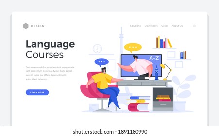 Language Web Courses Home Page Template. Male Character Online Teacher Explains To Student In Distance Learning Foreign Form Speech. Obtaining New Knowledge Without Leaving Home Vector Banner.