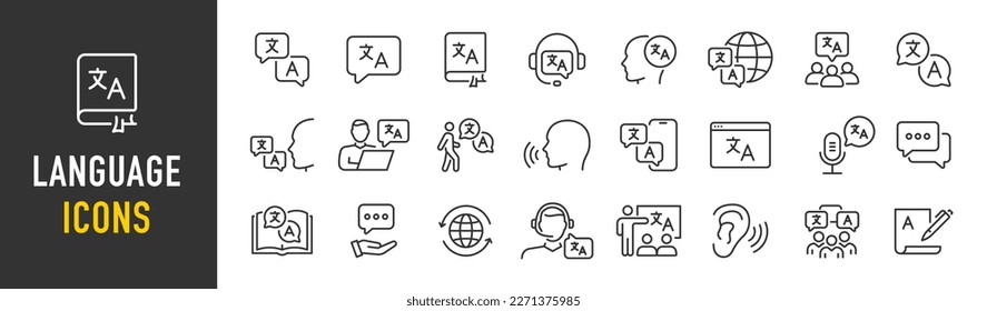 Language web icon set in line style. Language translation, linguistics, speaking, dictionary, listening skills, writing, translate, collection. Vector illustration.