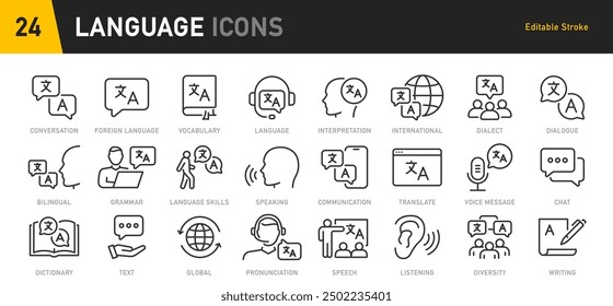 Language web icon set in line style. Language translation, linguistics, speaking, dictionary, listening skills, writing, translate, collection. Vector illustration.	