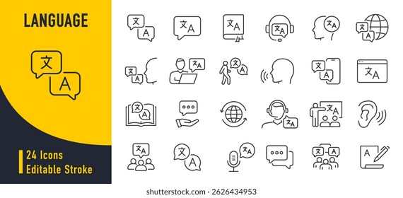 Language web icon set in line style. Language translation, linguistics, speaking, dictionary, listening skills, writing, translate, collection. Vector illustration.	