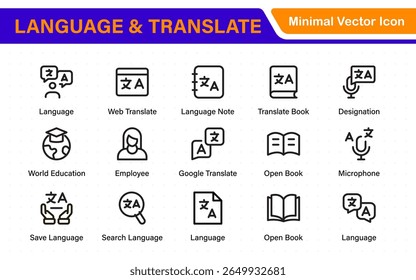 Language web icon set in line style. Language translation, linguistics, speaking, dictionary, listening skills, writing, translate, collection.