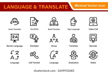 Language web icon set in line style. Language translation, linguistics, speaking, dictionary, listening skills, writing, translate, collection.