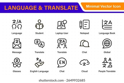 Language web icon set in line style. Language translation, linguistics, speaking, dictionary, listening skills, writing, translate, collection.