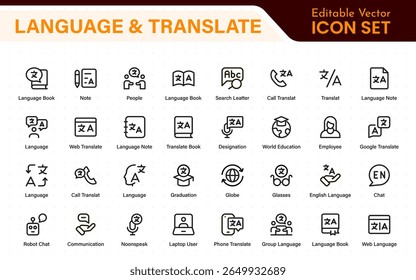 Language web icon set in line style. Language translation, linguistics, speaking, dictionary, listening skills, writing, translate, collection.