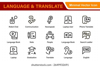 Language web icon set in line style. Language translation, linguistics, speaking, dictionary, listening skills, writing, translate, collection.