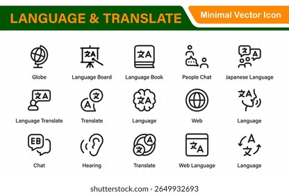 Language web icon set in line style. Language translation, linguistics, speaking, dictionary, listening skills, writing, translate, collection.