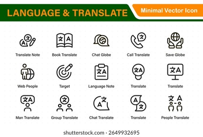 Language web icon set in line style. Language translation, linguistics, speaking, dictionary, listening skills, writing, translate, collection.