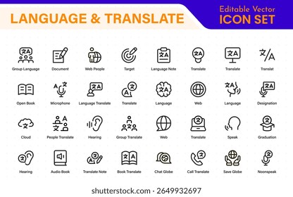 Language web icon set in line style. Language translation, linguistics, speaking, dictionary, listening skills, writing, translate, collection.