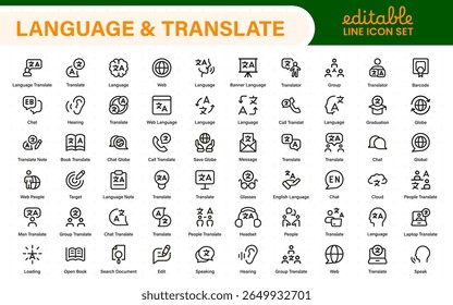 Language web icon set in line style. Language translation, linguistics, speaking, dictionary, listening skills, writing, translate, collection.