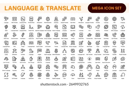 Language web icon set in line style. Language translation, linguistics, speaking, dictionary, listening skills, writing, translate, collection.
