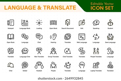 Language web icon set in line style. Language translation, linguistics, speaking, dictionary, listening skills, writing, translate, collection.