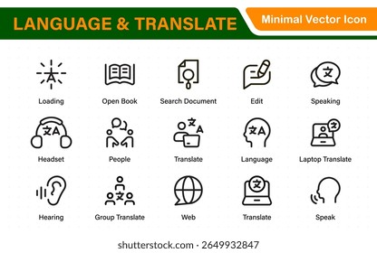 Language web icon set in line style. Language translation, linguistics, speaking, dictionary, listening skills, writing, translate, collection.