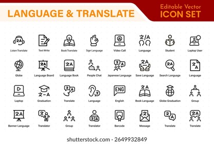 Language web icon set in line style. Language translation, linguistics, speaking, dictionary, listening skills, writing, translate, collection.