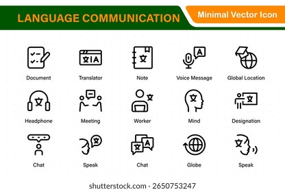 Language web icon set in line style. Language translation, linguistics, speaking, dictionary, listening skills, writing, translate, collection.