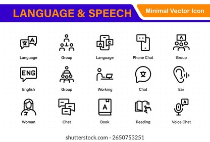 Language web icon set in line style. Language translation, linguistics, speaking, dictionary, listening skills, writing, translate, collection.