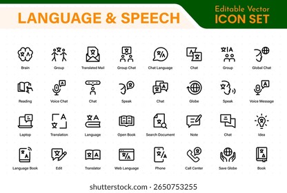 Language web icon set in line style. Language translation, linguistics, speaking, dictionary, listening skills, writing, translate, collection.