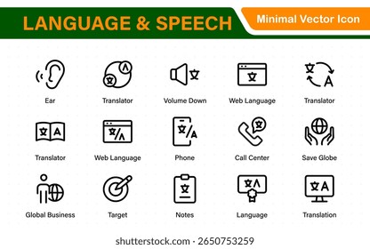 Language web icon set in line style. Language translation, linguistics, speaking, dictionary, listening skills, writing, translate, collection.