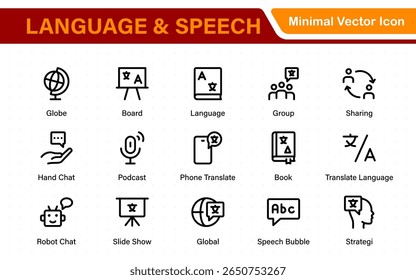 Language web icon set in line style. Language translation, linguistics, speaking, dictionary, listening skills, writing, translate, collection.